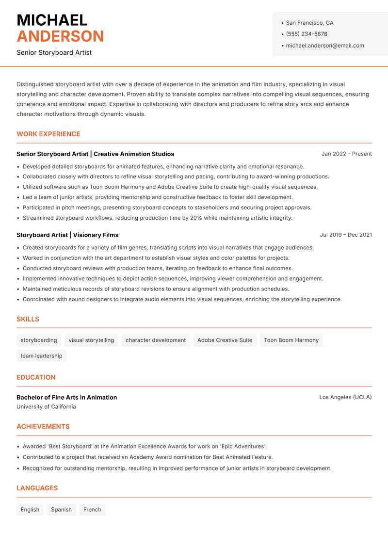 Storyboard Artist resume sample — Senior Storyboard Artist focus