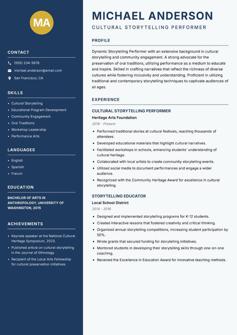 Storytelling Performer resume sample — Cultural Storytelling Performer focus