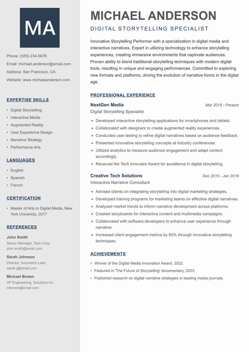 Storytelling Performer resume sample — Digital Storytelling Specialist focus