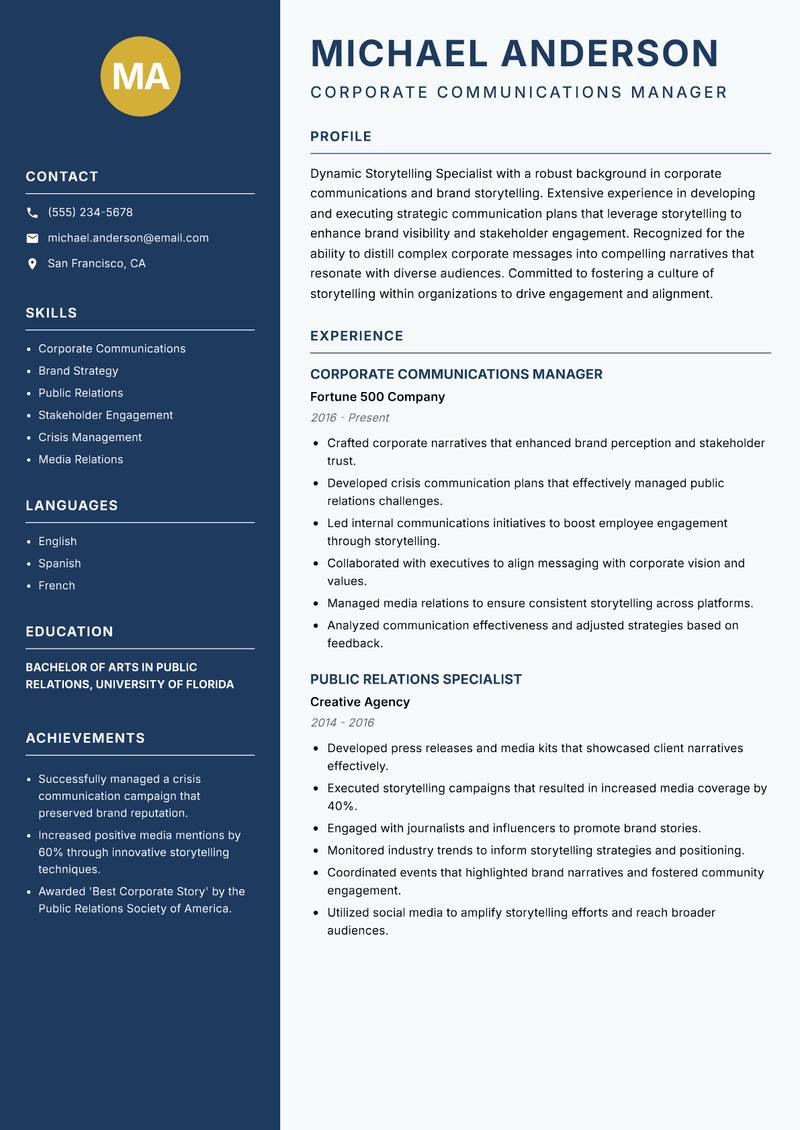Storytelling Specialist resume sample — Corporate Communications Manager focus