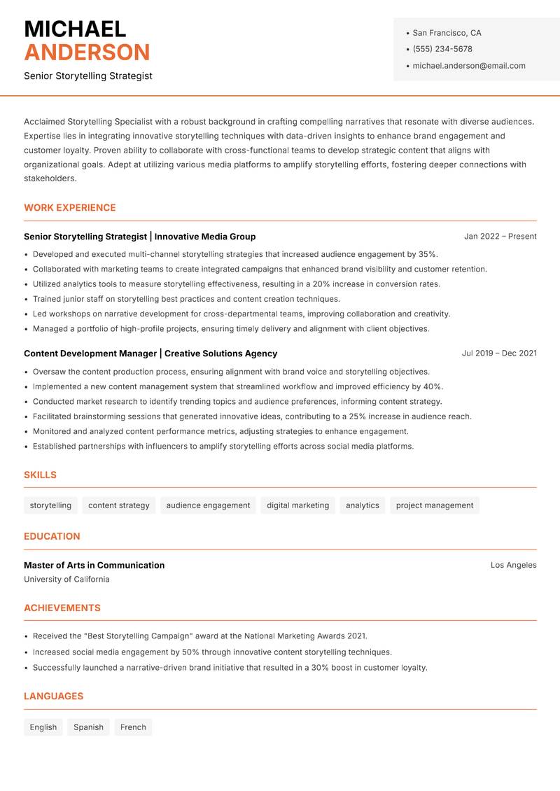 Storytelling Specialist resume sample — Senior Storytelling Strategist focus