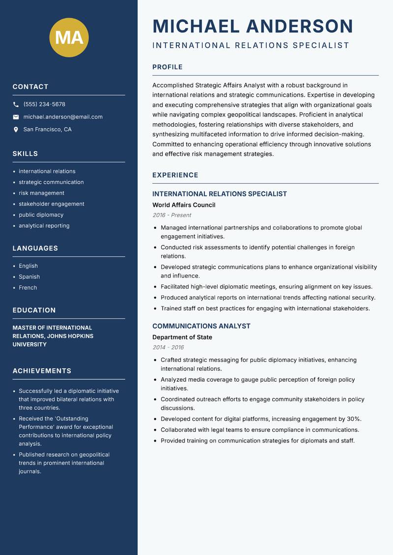 Strategic Affairs Analyst resume sample — International Relations Specialist focus