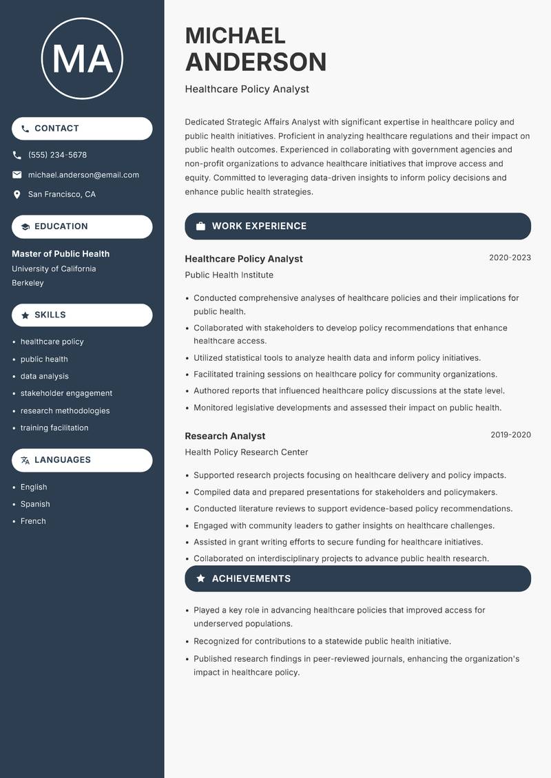 Strategic Affairs Analyst resume sample — Healthcare Policy Analyst focus