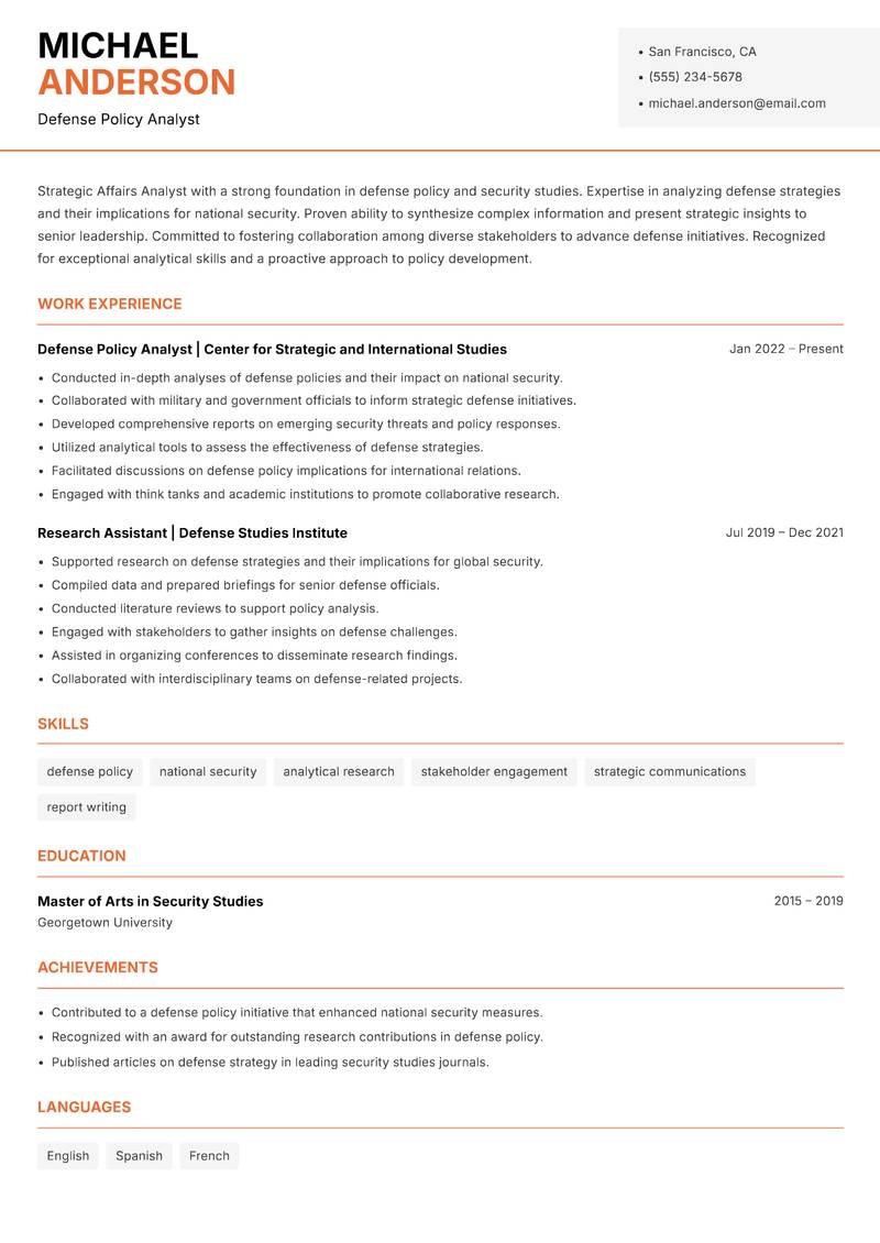 Strategic Affairs Analyst resume sample — Defense Policy Analyst focus