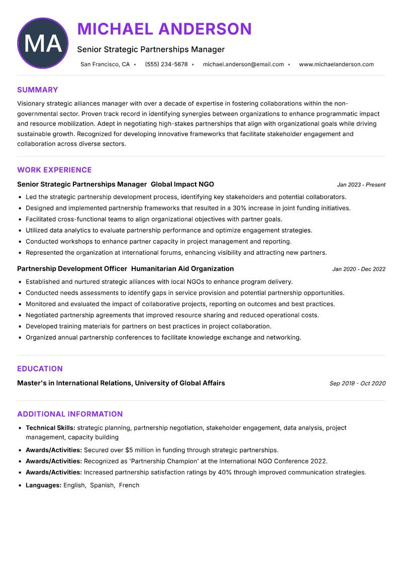 Strategic Alliances Manager NGO resume example