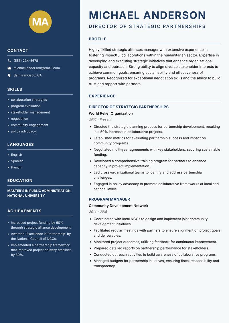 Strategic Alliances Manager NGO resume sample — Director of Strategic Partnerships focus
