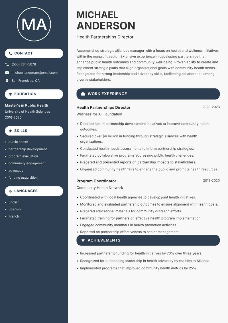 Strategic Alliances Manager NGO resume sample — Health Partnerships Director focus