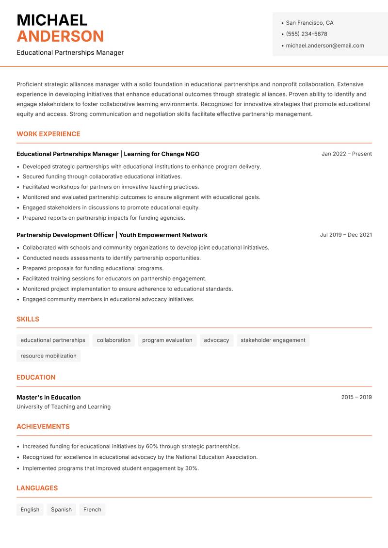 Strategic Alliances Manager NGO resume sample — Educational Partnerships Manager focus