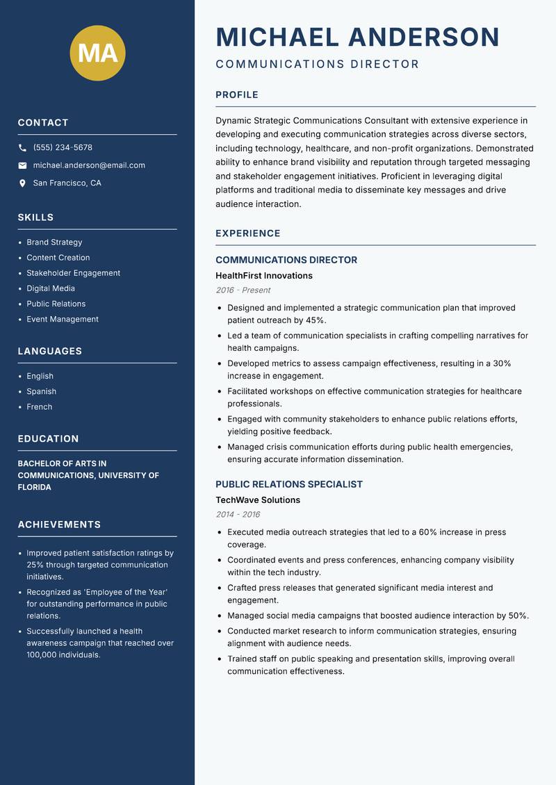 Strategic Communications Consultant resume sample — Communications Director focus
