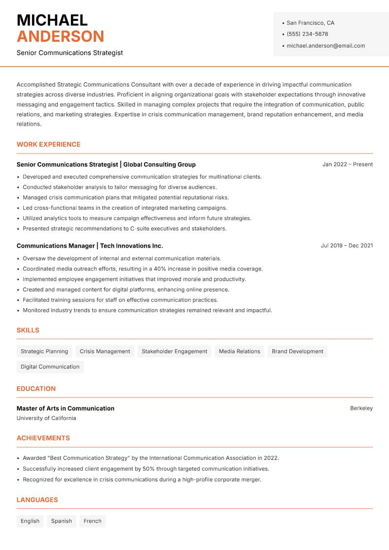 Strategic Communications Consultant resume sample — Senior Communications Strategist focus