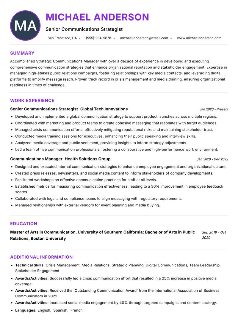 Strategic Communications Manager resume example