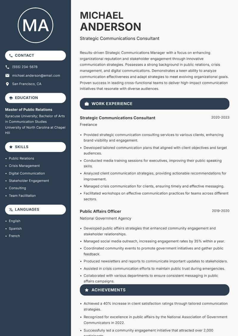 Strategic Communications Manager resume sample — Strategic Communications Consultant focus