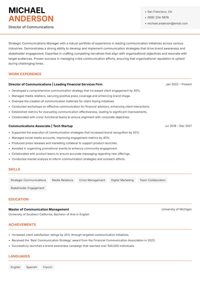 Strategic Communications Manager resume sample — Director of Communications focus