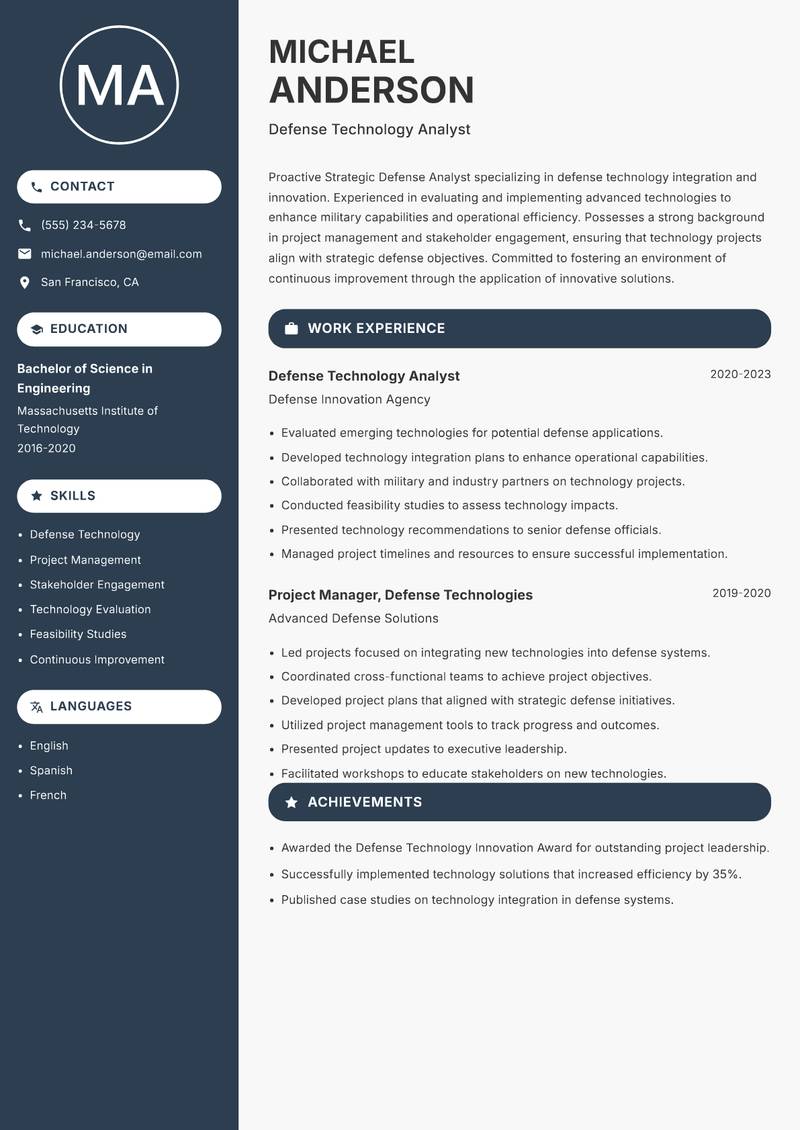 Strategic Defense Analyst resume sample — Defense Technology Analyst focus