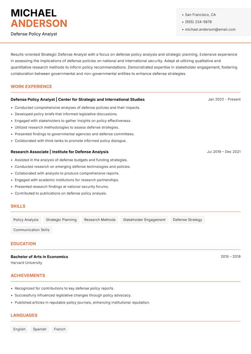 Strategic Defense Analyst resume sample — Defense Policy Analyst focus