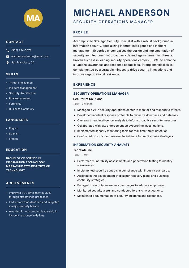 Strategic Security Specialist resume sample — Security Operations Manager focus