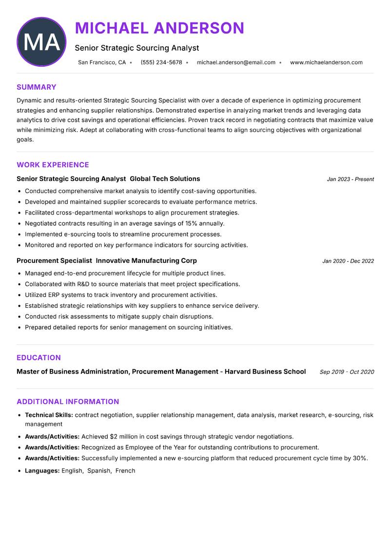Strategic Sourcing Specialist resume example