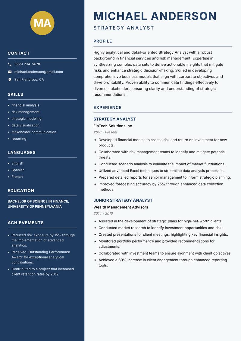 Strategy Analyst resume sample — Strategy Analyst focus