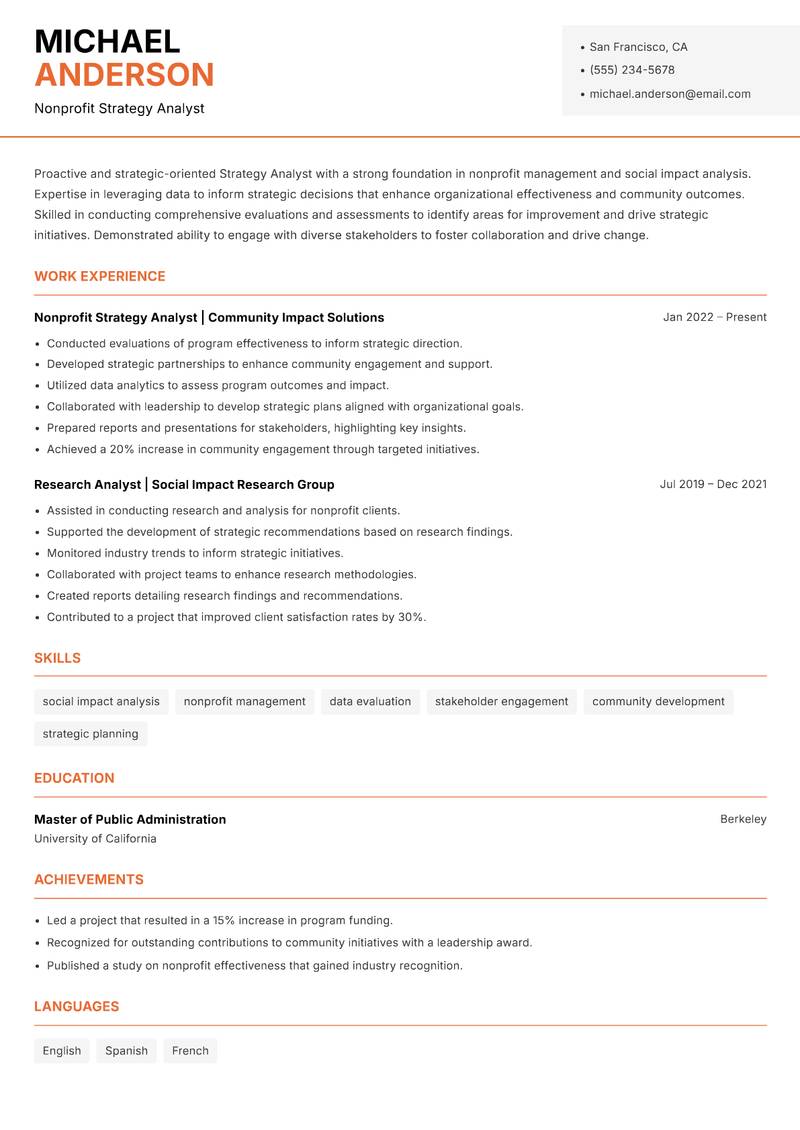 Strategy Analyst resume sample — Nonprofit Strategy Analyst focus