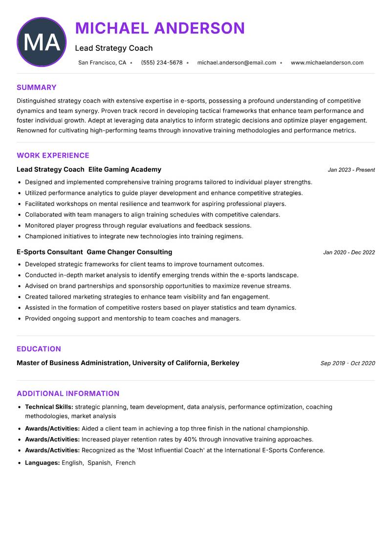 Strategy Coach E-Sports resume example