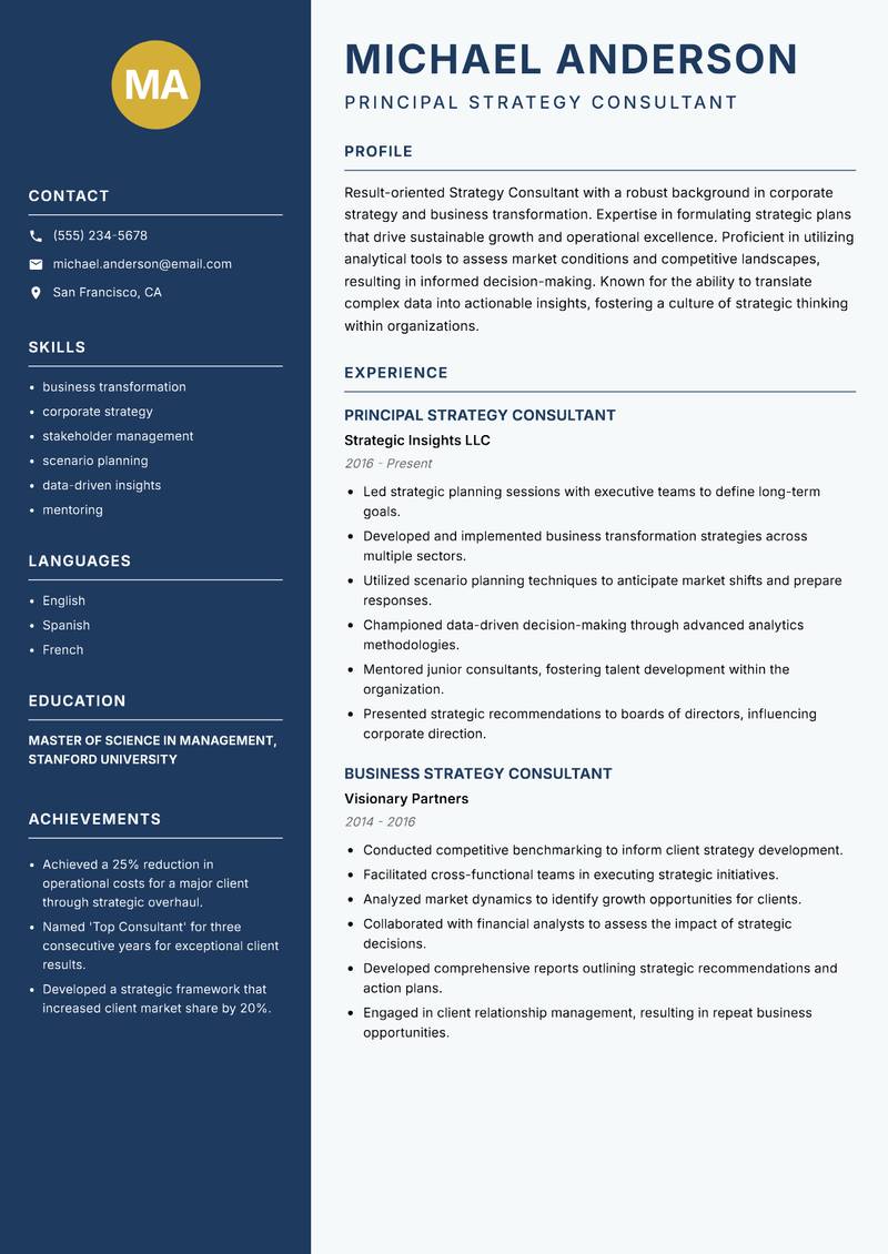 Strategy Consultant resume sample — Principal Strategy Consultant focus
