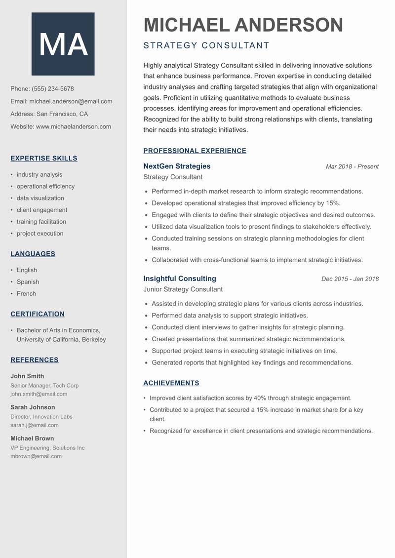 Strategy Consultant resume sample — Strategy Consultant focus