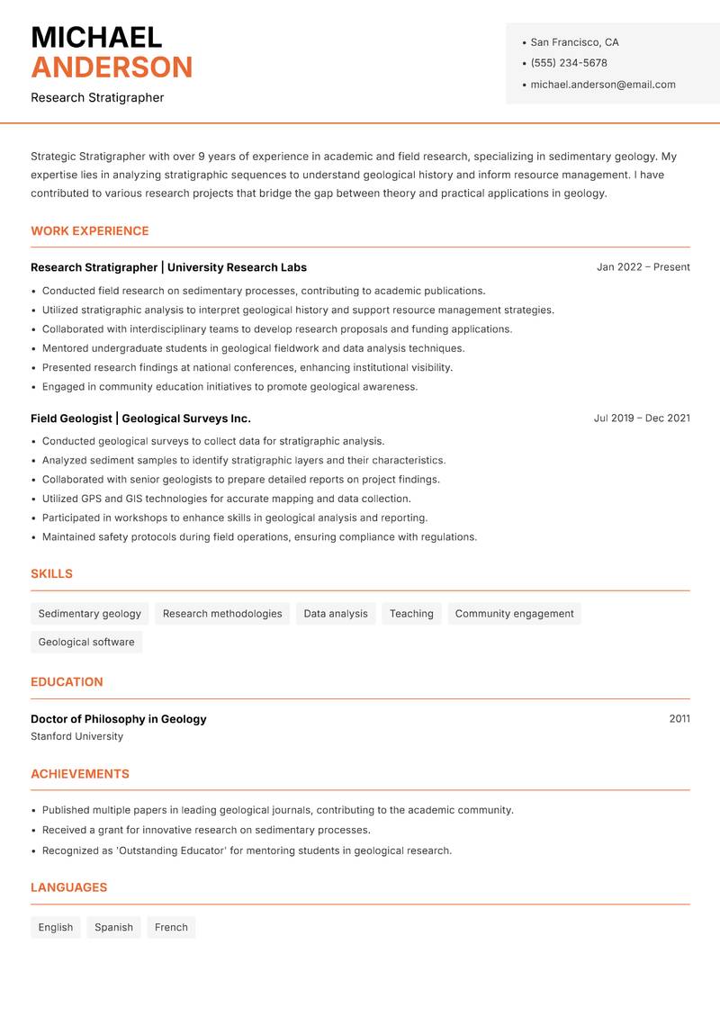 Stratigrapher resume sample — Research Stratigrapher focus