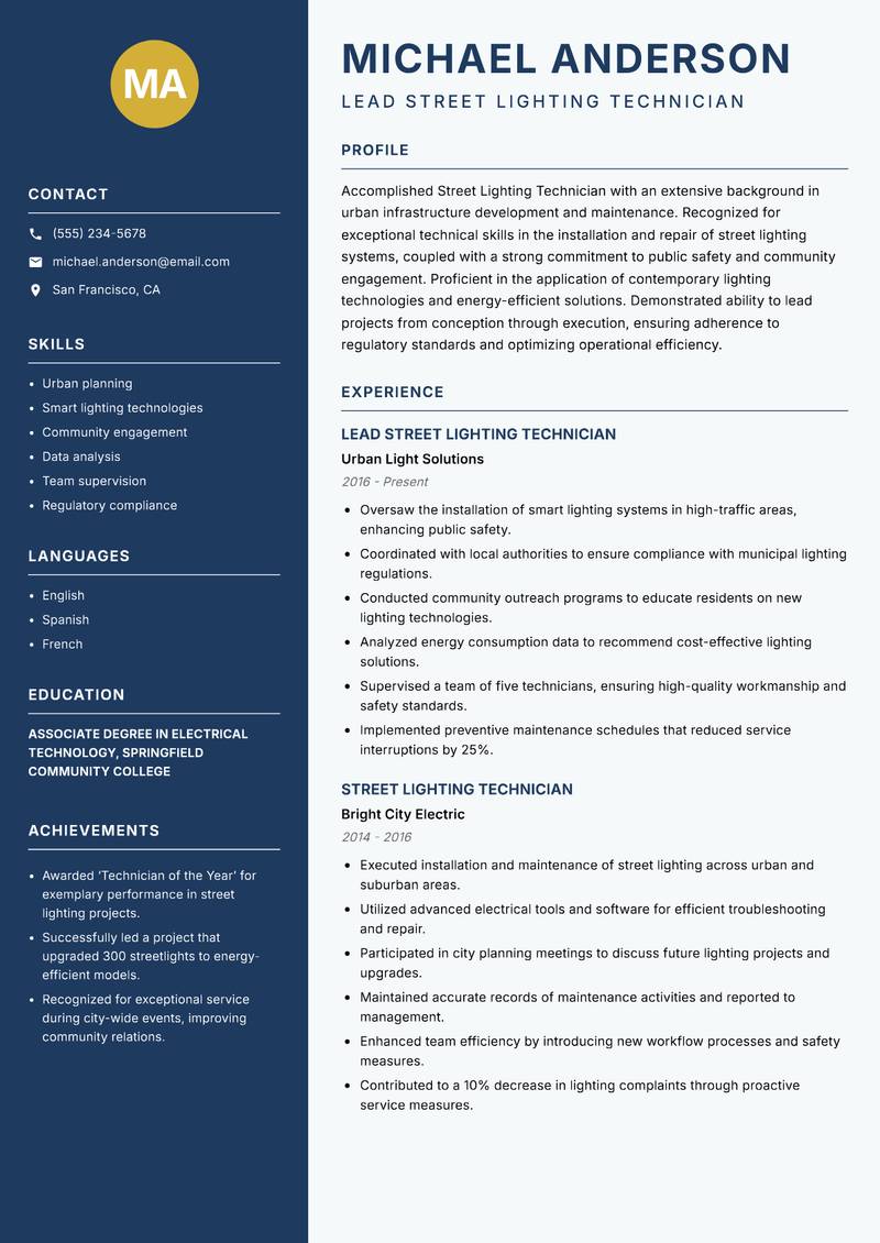 Street Lighting Technician resume sample — Lead Street Lighting Technician focus
