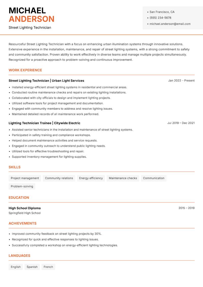 Street Lighting Technician resume sample — Street Lighting Technician focus