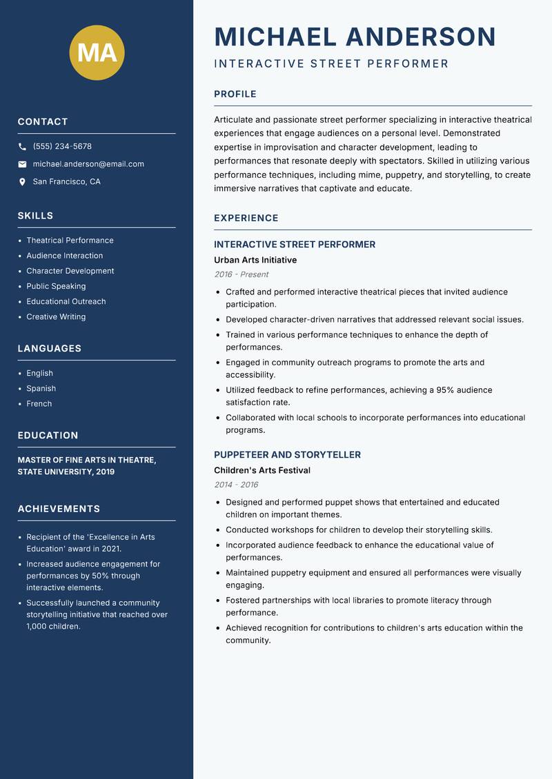 Street Performer resume sample — Interactive Street Performer focus