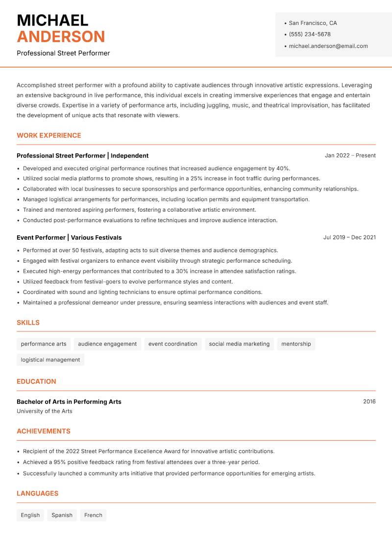 Street Performer resume sample — Professional Street Performer focus