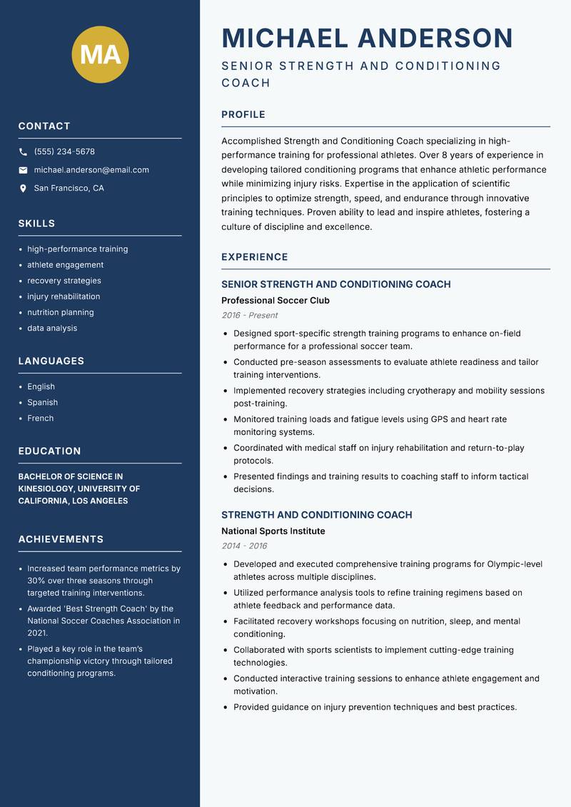 Strength and Conditioning Coach resume sample — Senior Strength and Conditioning Coach focus