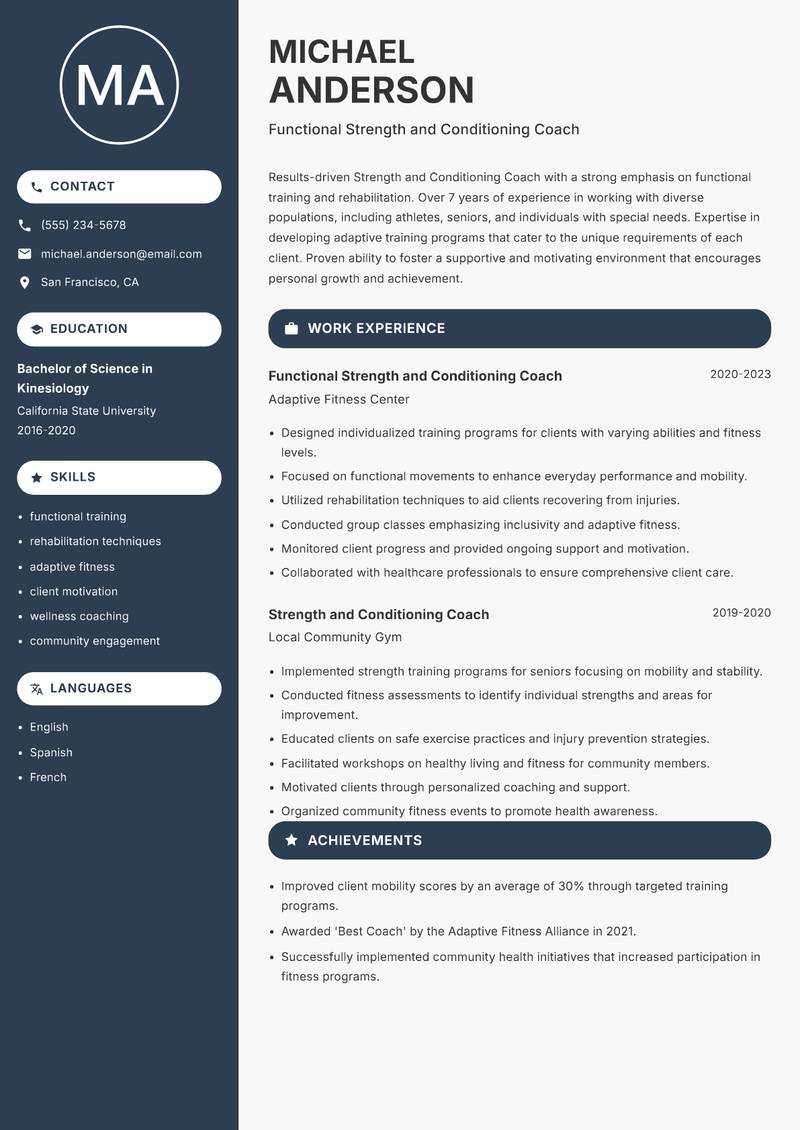 Strength and Conditioning Coach resume sample — Functional Strength and Conditioning Coach focus