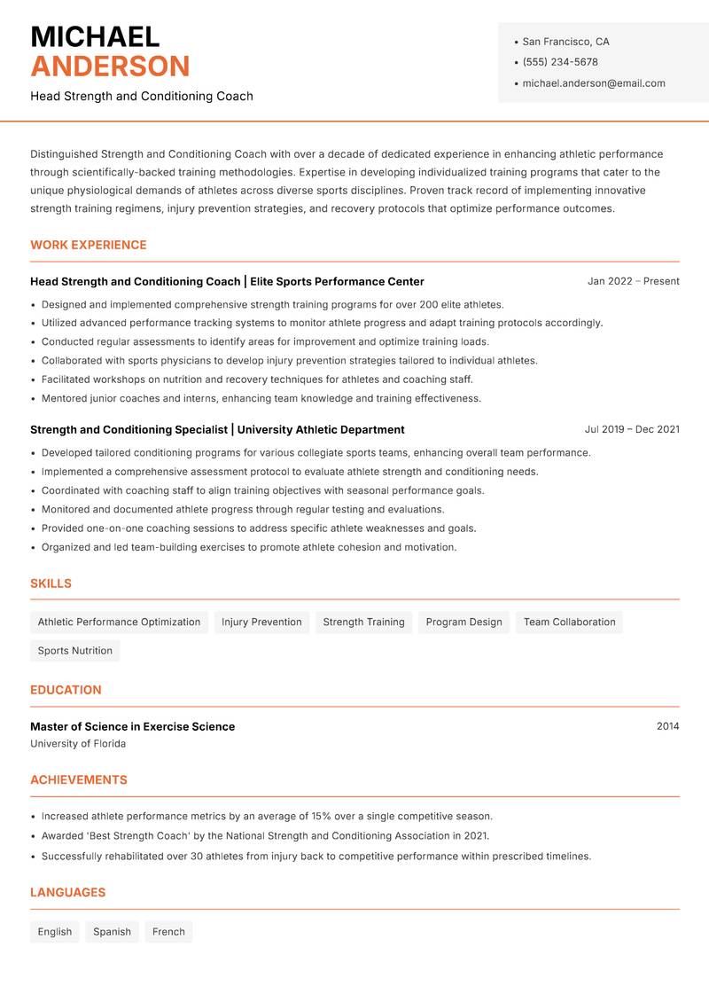 Strength and Conditioning Coach resume sample — Head Strength and Conditioning Coach focus