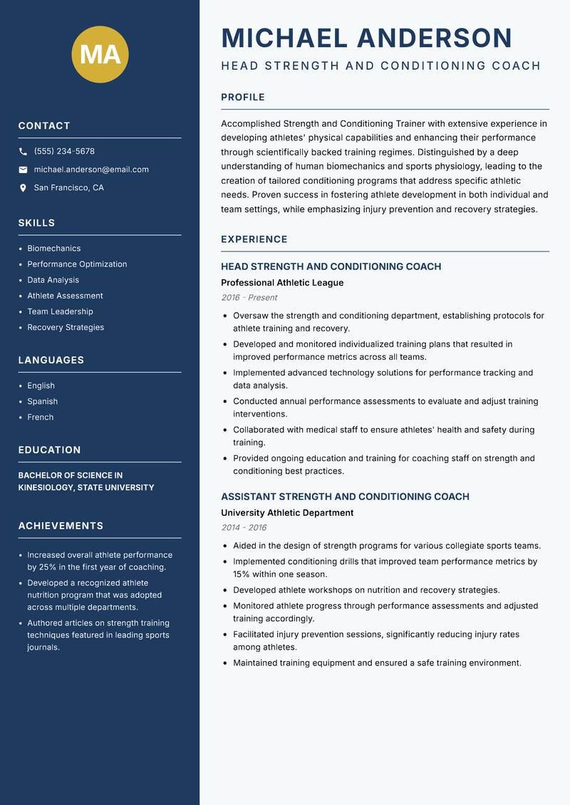 Strength and Conditioning Trainer resume sample — Head Strength and Conditioning Coach focus