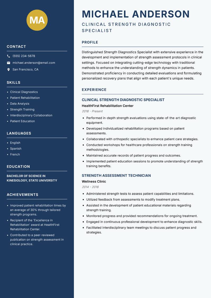Strength Diagnostics Specialist resume sample — Clinical Strength Diagnostic Specialist focus