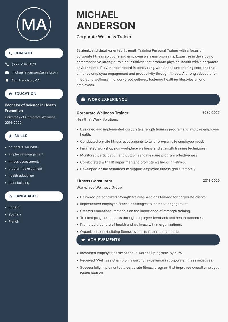 Strength Training Personal Trainer resume sample — Corporate Wellness Trainer focus