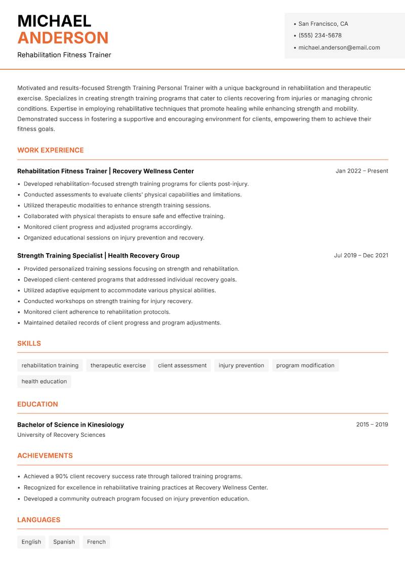 Strength Training Personal Trainer resume sample — Rehabilitation Fitness Trainer focus