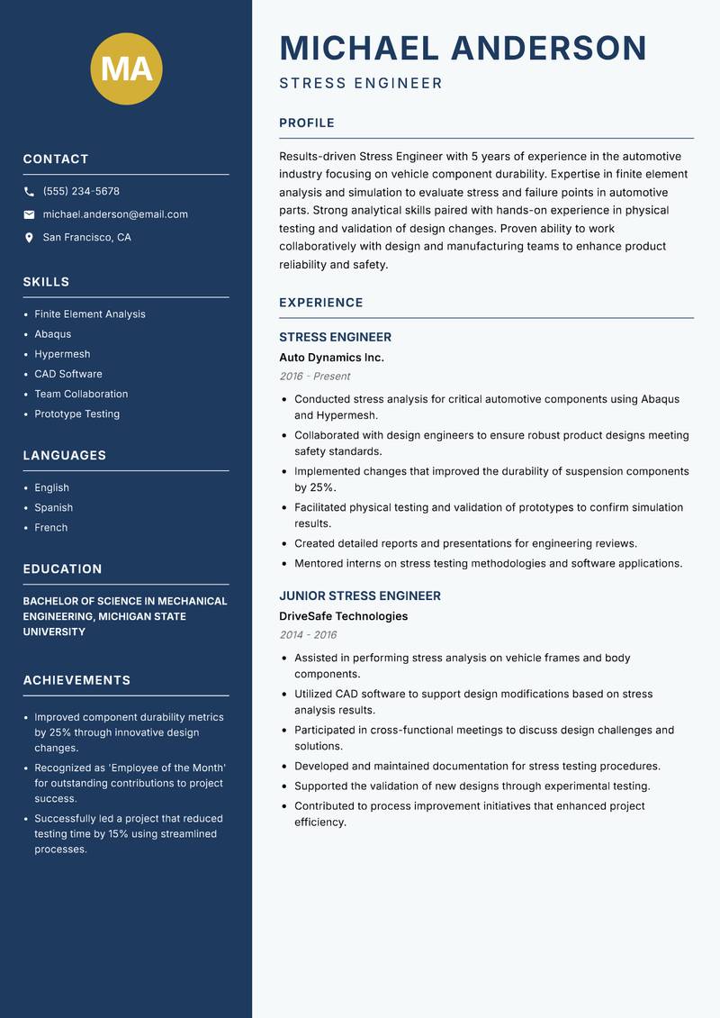 Stress Engineer resume sample — Stress Engineer focus