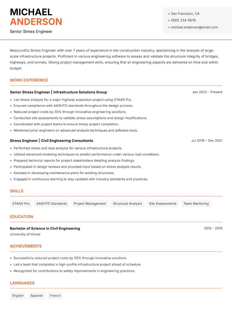 Stress Engineer resume sample — Senior Stress Engineer focus