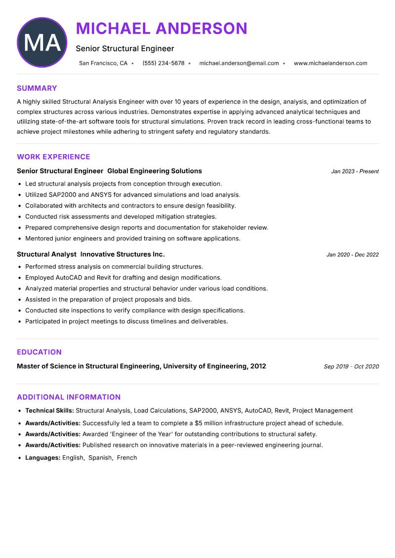 Structural Analysis Engineer resume example