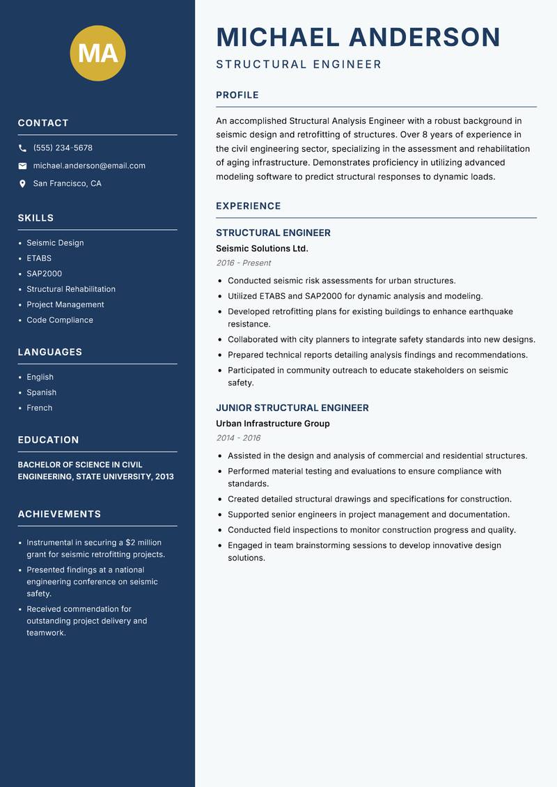 Structural Analysis Engineer resume sample — Structural Engineer focus