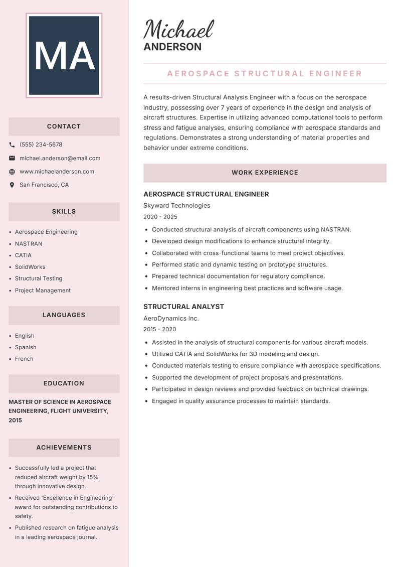 Structural Analysis Engineer resume sample — Aerospace Structural Engineer focus