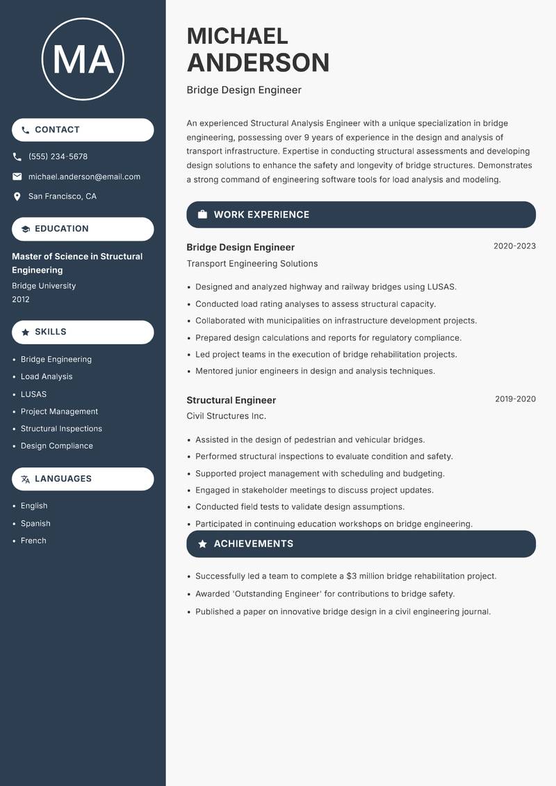 Structural Analysis Engineer resume sample — Bridge Design Engineer focus