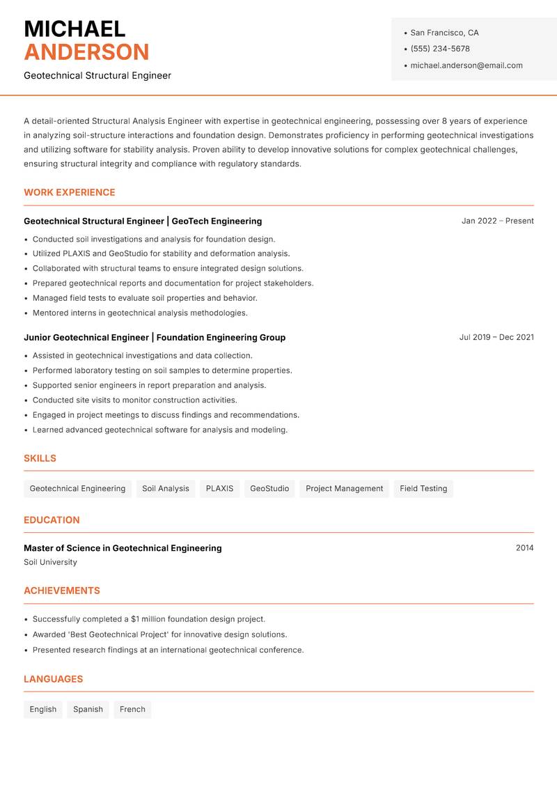Structural Analysis Engineer resume sample — Geotechnical Structural Engineer focus