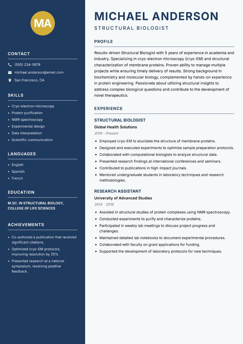 Structural Biologist resume sample — Structural Biologist focus