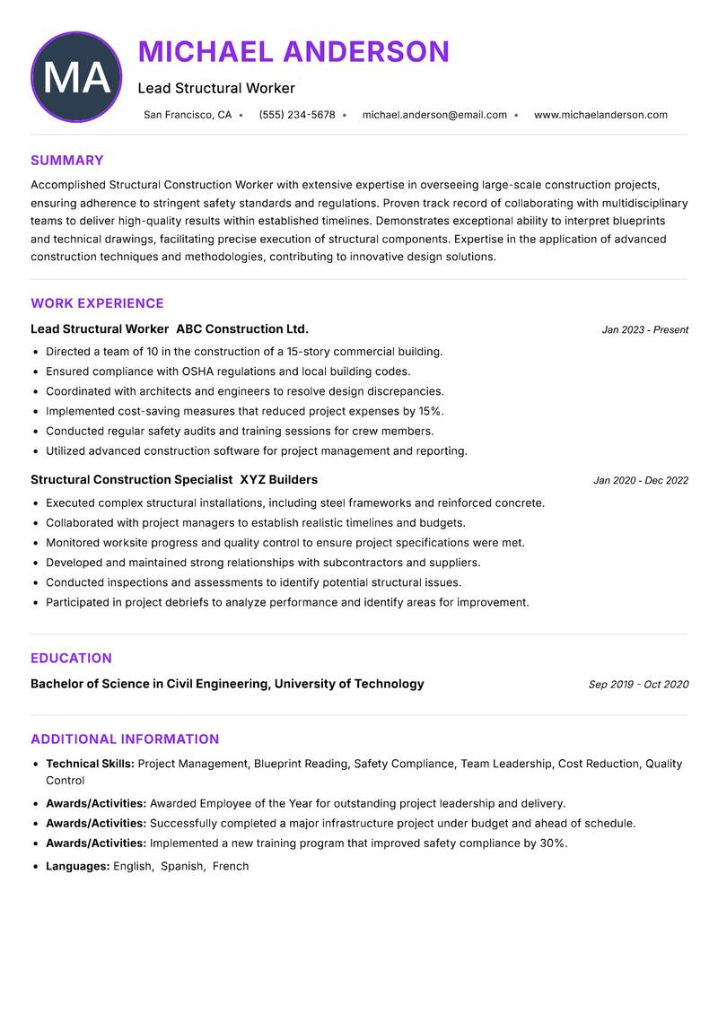 Structural Construction Worker resume example