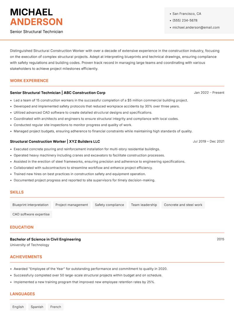 Structural Construction Worker resume sample — Senior Structural Technician focus