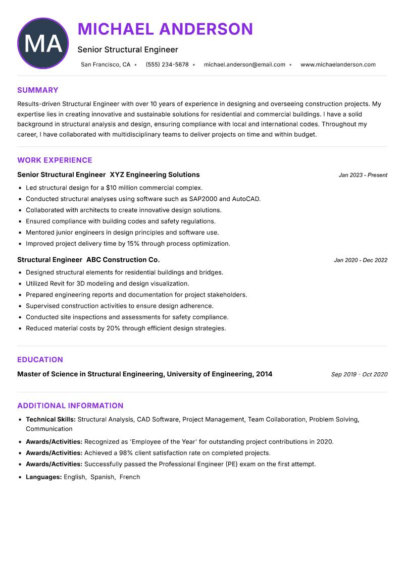 Structural Engineer resume example