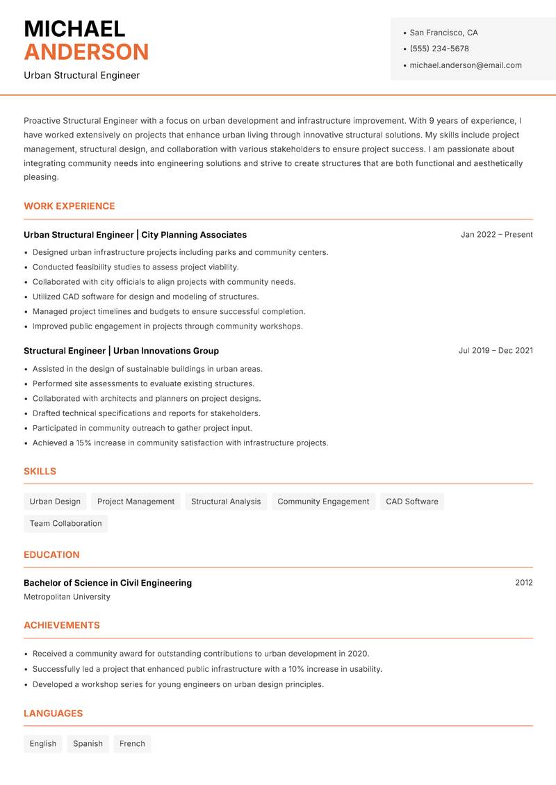 Structural Engineer resume sample — Urban Structural Engineer focus
